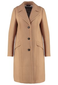 Manteau long en laine couleur camel avec trois boutons devant, col à larges revers, et deux poches latérales inclinées, conçu pour femmes.