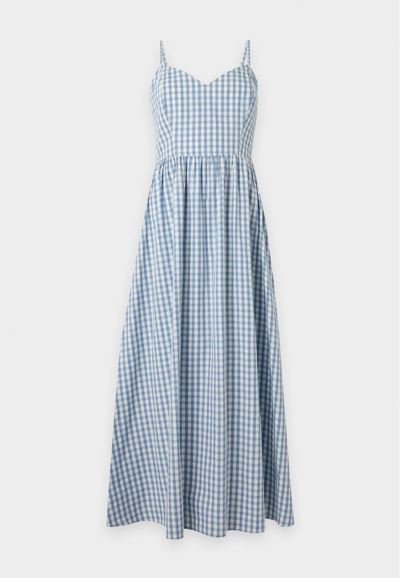 Robe sans manches à carreaux vichy bleu et blanc avec fines bretelles et taille froncée, atteignant la cheville.