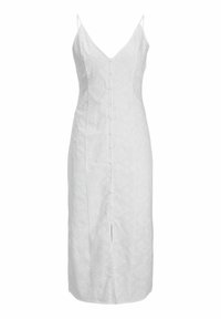 Vestido midi blanco con tirantes finos, tejido texturizado, botones decorativos en la parte delantera y una abertura en el dobladillo para mayor movilidad.