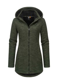 Roheline, tekstureeritud pikk jope, millel on lukuga esiosa, kapuuts ja kaks külge taskut; sisemine vooder pehme kangaga soojuse tagamiseks.