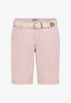 Light pink women's knee-length shorts with rolled hems, front pockets, and a woven off-white belt with silver buckle.