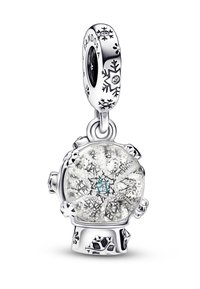 Pandora obesek v srebru, ki prikazuje obliko snežne krogle z zapletenimi podrobnostmi snežink, prozornim steklom in modrim poudarkom.