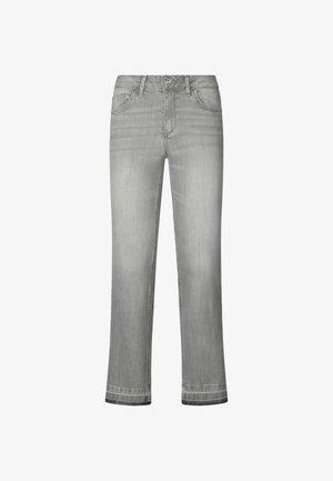 Jeans in denim grigio con taglio dritto, cinque tasche e leggero sbiadimento con dettagli di cucitura sulla vita.