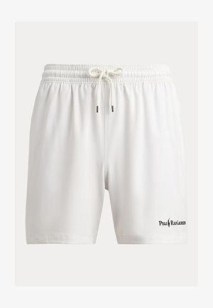 Bermudas de banho brancas com uma cintura elástica e cordão, apresentando um logotipo preto bordado no lado esquerdo. Textura suave e lisa.