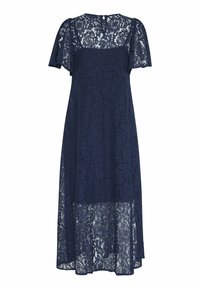 Marineblå blondekjole med korte flæseærmer, knælang, gennemsigtig overlayer, blomstermønster, nøglehulrygdetalje og flydende silhuet.