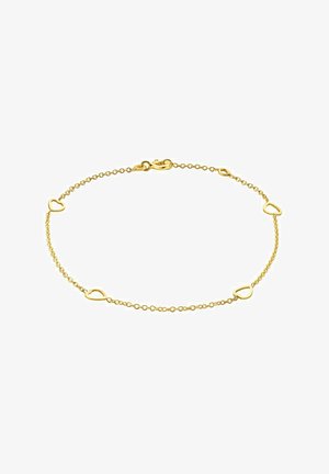 Braccialetto in oro con cinque accenti intrecciati a forma di cuore, dotato di chiusura a gancio, link eleganti e superficie liscia.