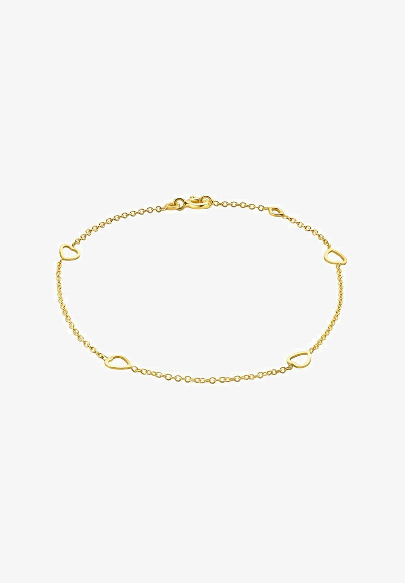 Aukso grandinėlės apyrankė su penkiomis susipynusiomis širdelėmis, su krabų užsegimu, glotniais linkiais ir lygiu paviršiumi.