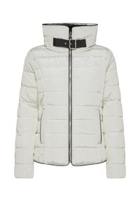 Giubbotto bianco invernale con colletto alto, motivo a righe orizzontali, cerniera nera e dettaglio a fibbia sul colletto. Presenta due tasche laterali.