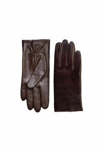 Braune Lederhandschuhe mit strukturiertem Finish, glattem Handflächenbereich und Nahtdetails sowie einem weichen Stofffutter an einem Handschuh.