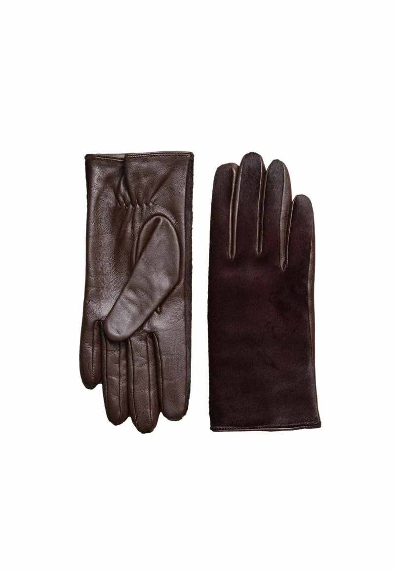 Braune Lederhandschuhe mit strukturiertem Finish, glattem Handflächenbereich und Nahtdetails sowie einem weichen Stofffutter an einem Handschuh.