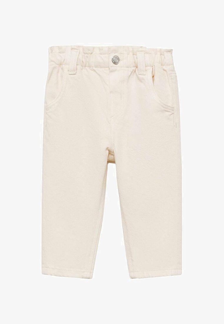 Svetlo bež bombažne hlače z gladko teksturo, ki imajo elastičen pas, sprednje žepe in en kovinski gumb.