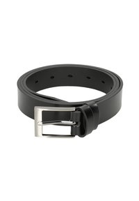 Zwarte leren riem met een gladde textuur, voorzien van een rechthoekige zilveren metalen gesp en meerdere perforaties voor maatverstelling.