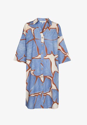 Blau-cremefarbenes Hemdblusenkleid mit abstraktem braunem Muster, ausgestattet mit Kragen, durchgehender Knopfleiste und weiten Ärmeln. Glatte Stoffstruktur.