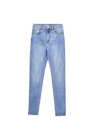 Jeans de denim azul claro con un corte ajustado, con una cintura alta, cinco bolsillos y cierre de botón. Textura suave, sin patrones distintivos.