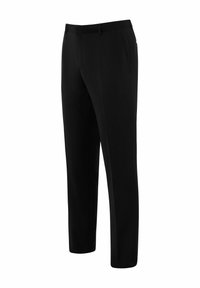 Zwarte broek van soepel materiaal, met een relaxte pasvorm, rechte pijpen en zijzakken. Minimalistisch ontwerp zonder patronen of accenten.