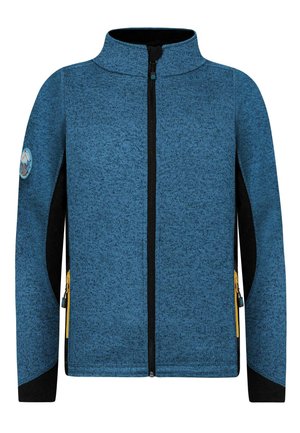 Blaue Fleece-Zip-Jacke mit schwarzen Akzenten, hohem Kragen, zwei Reißverschlusstaschen und einem runden Logoabzeichen am linken Ärmel.