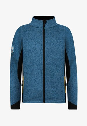 Blaue Fleece-Zip-Jacke mit schwarzen Akzenten, hohem Kragen, zwei Reißverschlusstaschen und einem runden Logoabzeichen am linken Ärmel.