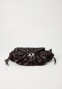Dark brown leather clutch bag with ruched detailing and central silver-tone logo clasp, accompanied by thin adjustable shoulder strap.