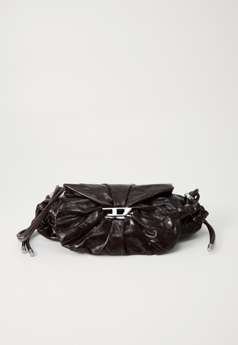 Dark brown leather clutch bag with ruched detailing and central silver-tone logo clasp, accompanied by thin adjustable shoulder strap.