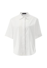 White short-sleeved shirt with a pointed collar, front button closure, and a smooth, textured fabric featuring a subtle sheen.