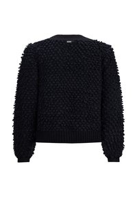 Schwarzer strukturierter Pullover mit einem erhöhten Punktmuster, gerippten Bündchen und Saum sowie einem runden Ausschnitt. Verfügt über ein Etikett auf der Rückseite.