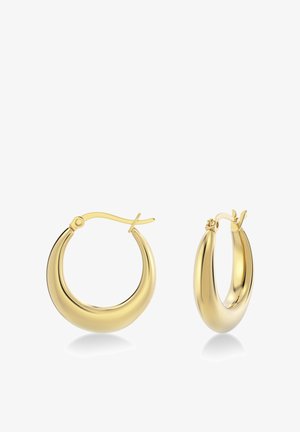Goldene Creolen mit einer glatten, reflektierenden Oberfläche. Das geschwungene Design verfügt über einen gehängten Verschluss für sicheren Tragekomfort.