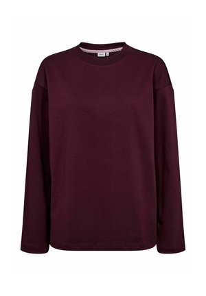 Burgunderfarbener Longsleeve-T-Shirt aus Baumwolle, mit Rundhalsausschnitt, lockerem Schnitt und ohne Muster oder Akzente. Weicher, glatter Stoff.