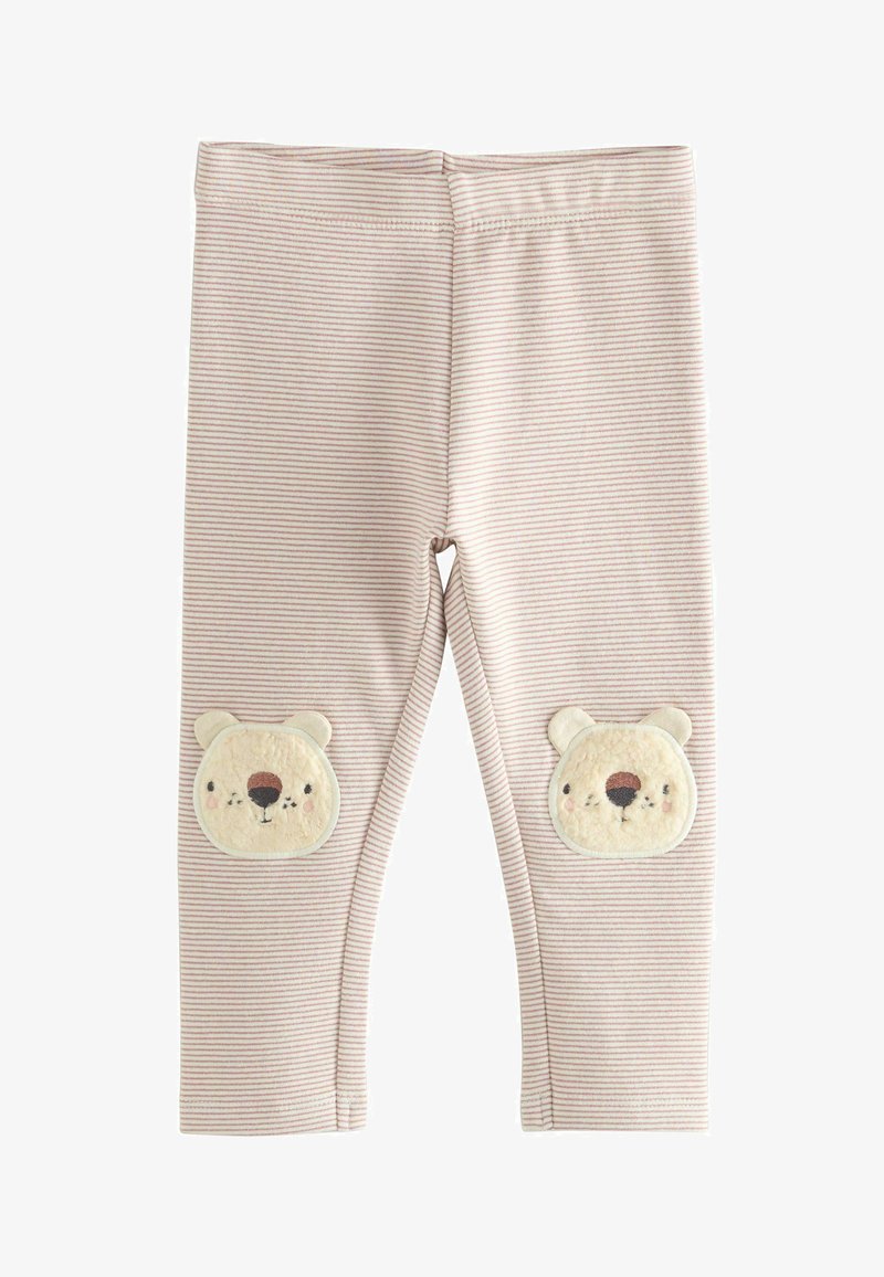 Leggings per bambini in morbido rosa chiaro con strisce bianche e marroni. Presentano faccine di orsetto in peluche sulle ginocchia con dettagli ricamati.
