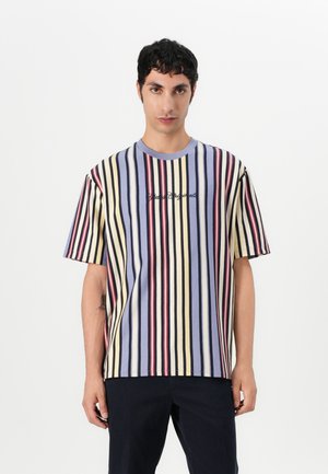 Striped short-sleeve t-shirt in pastel colors (yellow, blue, red, and black) with a crew neckline and embroidered text on the front.