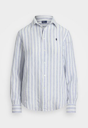 Striped button-up shirt in light blue and white linen, featuring a classic collar, long sleeves, and a small embroidered logo on the chest.