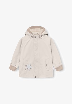 Bež dječja jakna s kapuljačom, rebrastim manšetama i ovratnikom, zatvaračima na drukere, dva prednja džepa i reflektirajućim zvjezdanim privjeskom na lijevom džepu.