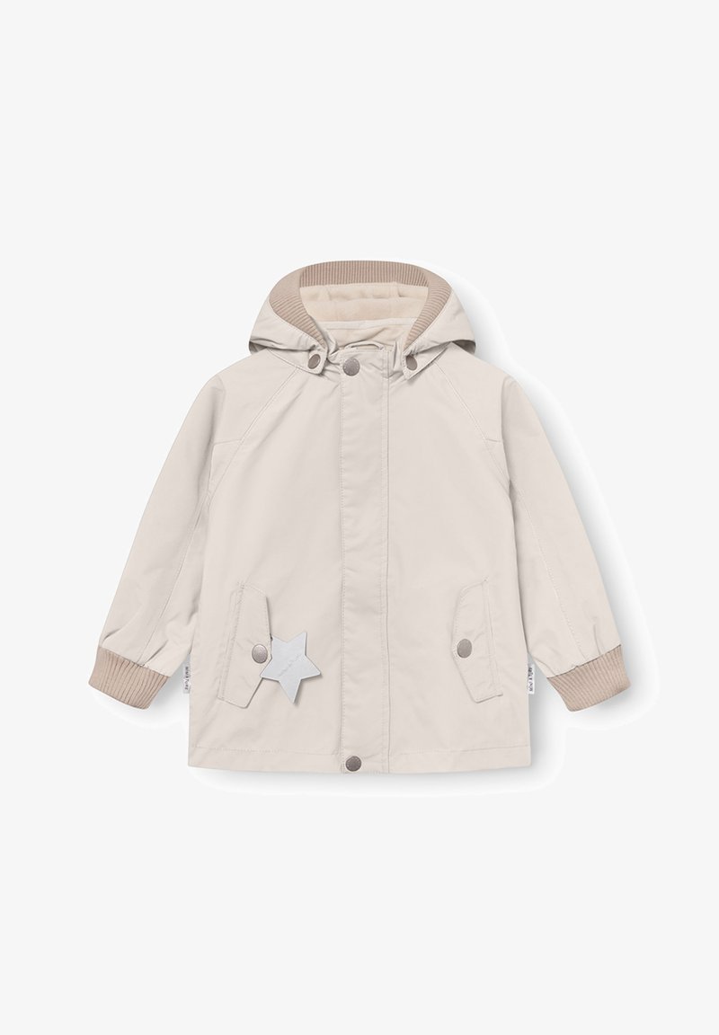 Παιδικό μπεζ μπουφάν με κουκούλα, ριμπ μανσέτες και γιακά, κουμπώματα με κλιπς, δύο εμπρόσθιες τσέπες και ανακλαστικό μοτίβο αστεριού στην αριστερή τσέπη.