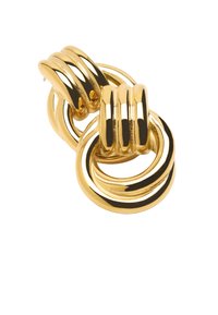 Para błyszczących kolczyków w odcieniu złotym, z interlockingowymi okrągłymi i zakrzywionymi kształtami w wykończeniu polerowanym.