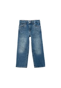 Pantalones vaqueros anchos de mezclilla en azul medio con acabado desgastado. Presenta decoloraciones y tachuelas metálicas decorativas dispuestas en un patrón radial.