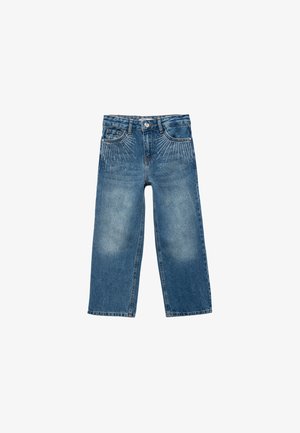 Jeans z szerokimi nogawkami w średnim odcieniu niebieskiego z wypłukanym wykończeniem. Posiadają efekt wyblaknięcia oraz dekoracyjne metalowe ćwieki ułożone w promienisty wzór.