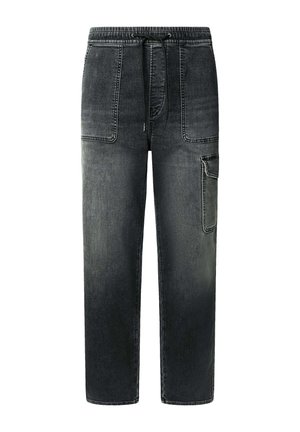 Pantalones cargo en denim gris oscuro, con cintura elástica, cordón y bolsillo lateral con sutil costura en contraste.