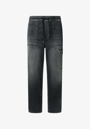 Cargo broek in donkergrijze denim, met een elastische tailleband, trekkoord en zijzak met subtiele contraststiksels.