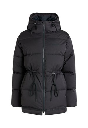 Sort oppustelig jakke med lynlås foran, hætte, snørelukning i taljen og teksturerede kviltede sektioner. Letvægts, isoleret stof.