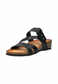 Sandali neri in pelle con fasce incrociate, suola in sughero e tacco a zeppa bassa. Presentano una fibbia regolabile e un design ritagliato sul lato.