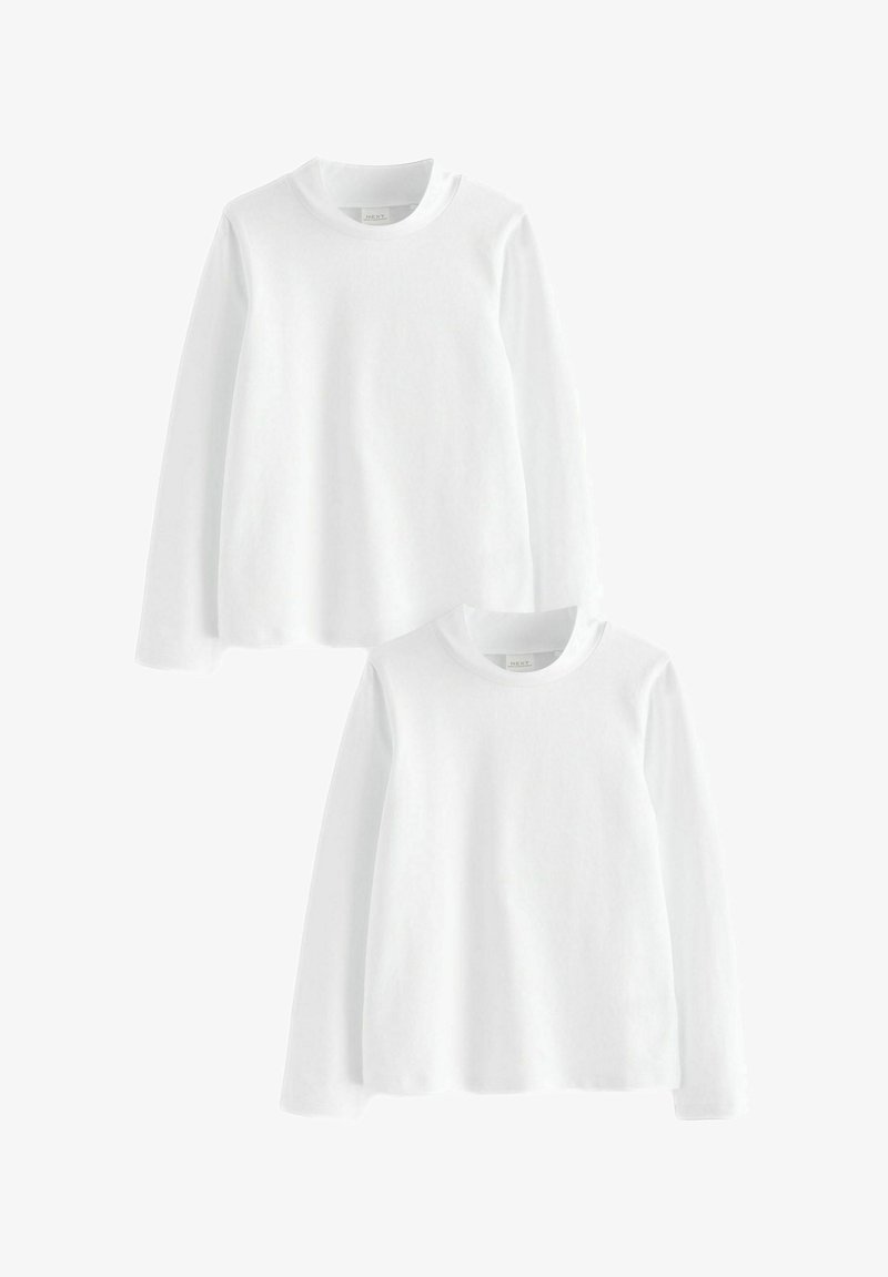 Tricouri albe cu mânecă lungă, stivuite, cu un guler rotunjit și fabrică din bumbac moale. Design simplu, fără motive sau accente.