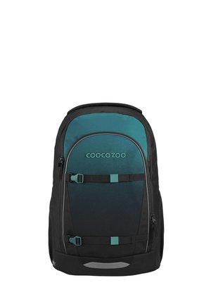 Black and teal Coocazoo backpack with two front adjustable straps and a zippered main compartment.