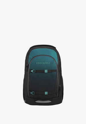 Schwarzer und türkisfarbener Coocazoo-Rucksack mit zwei vorne verstellbaren Riemen und einem Reißverschluss-Hauptfach.