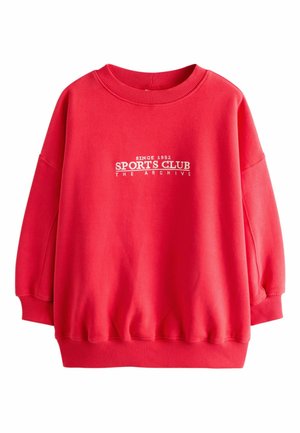 Rotes Sweatshirt aus weichem Material, mit geripptem Kragen und Bündchen, auf der Vorderseite mit weißem Text "SPORTS CLUB THE ARCHIVE".