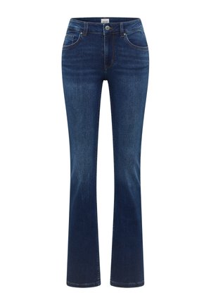 Dark blue bootcut jeans with front and back pockets, button closure, and subtle fading details.