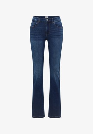 Dark blue bootcut jeans with front and back pockets, button closure, and subtle fading details.