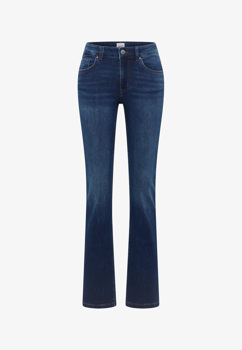 Jean bootcut bleu foncé avec poches avant et arrière, fermeture par boutons et détails subtils de délavage.