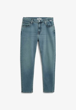 Lichtblauwe spijkerbroek met vijfzakkenontwerp, knoop- en ritssluiting, rechte pasvorm, vervaagde textuur en contrasterende stikseldetails.