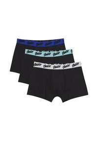 Tři páry černých boxerů s barevnými elastickými pásky: modrým, světle modrým a šedým, přičemž každý pás má vzor loga.