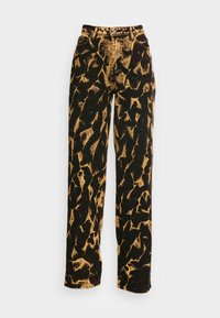 Schwarz-gelb gebatikte Denim-Hose mit lockerer Passform, geraden Beinen und traditionellem Fünf-Taschen-Design. Mit Metallknopf und Reißverschluss.