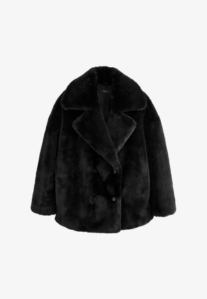 Schwarzer Kunstpelzmantel mit breitem Reverskragen, doppelreihigem Design und zwei großen, runden Knöpfen. Weicher Stoff und oversized Passform.